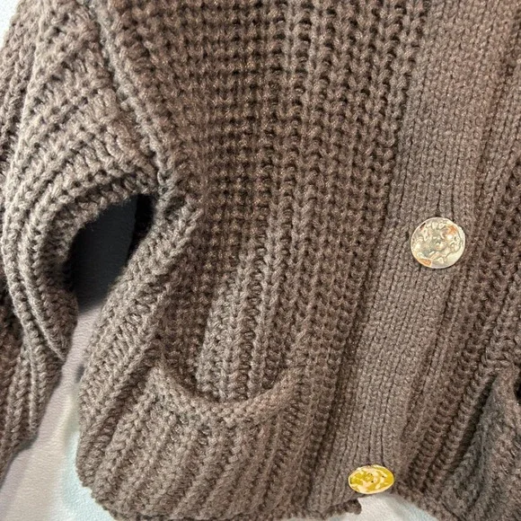 Chunky Waffle knit Boxy Cardigan Women L Brown Button Front Gold Buttons Pockets - Picture 5 of 6